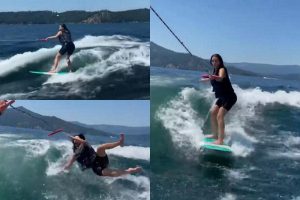 Kim Kardashian Wipes Outs During Wakesurfing On A Family Vacation